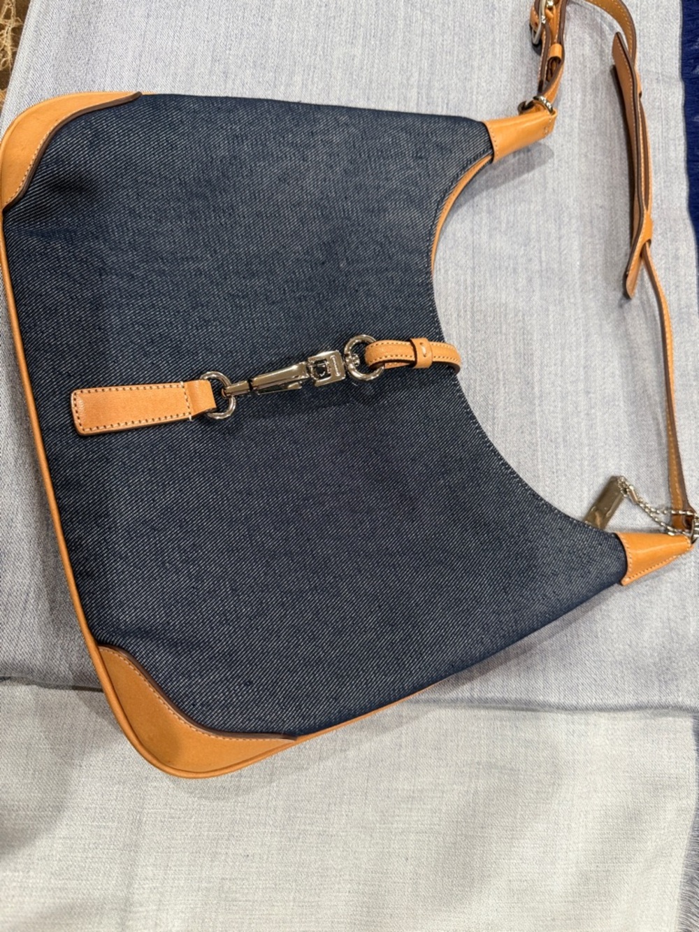 Coach Navy Denim Shoulder Bag with Tan Leather Trim, excellent condition